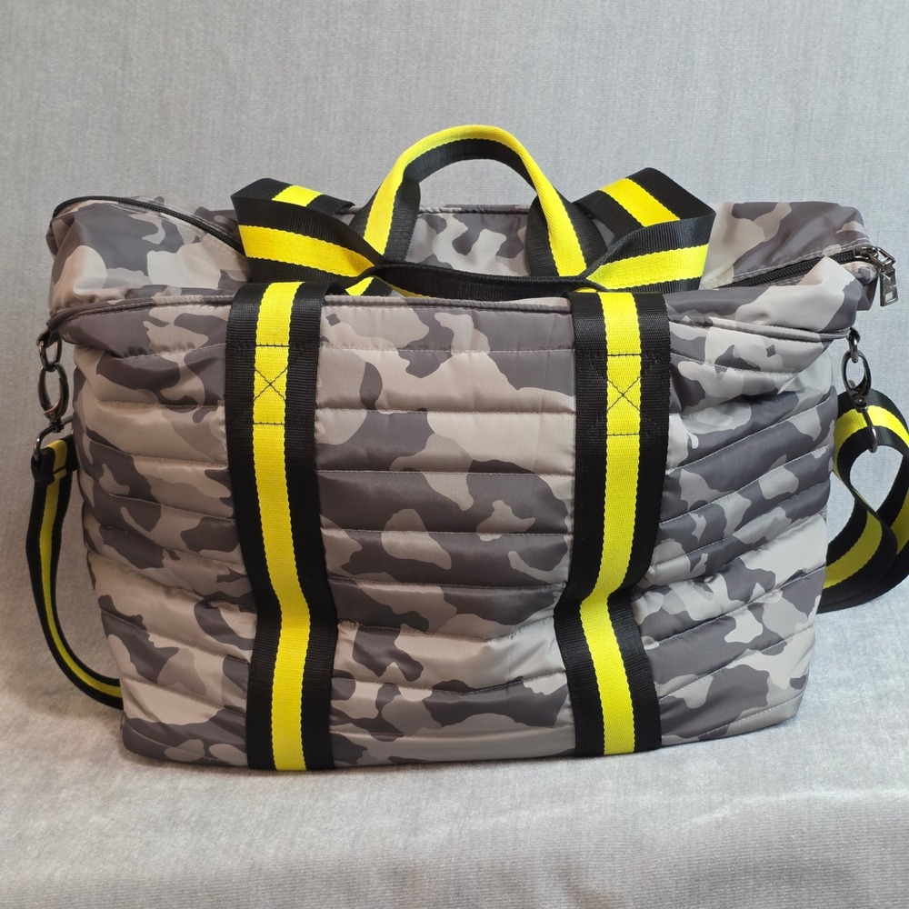 Think Royln Wingman Bag Large Grey Camo Neon Yellow Quilted Puffer Tote  Travel - Picture 2 of 8